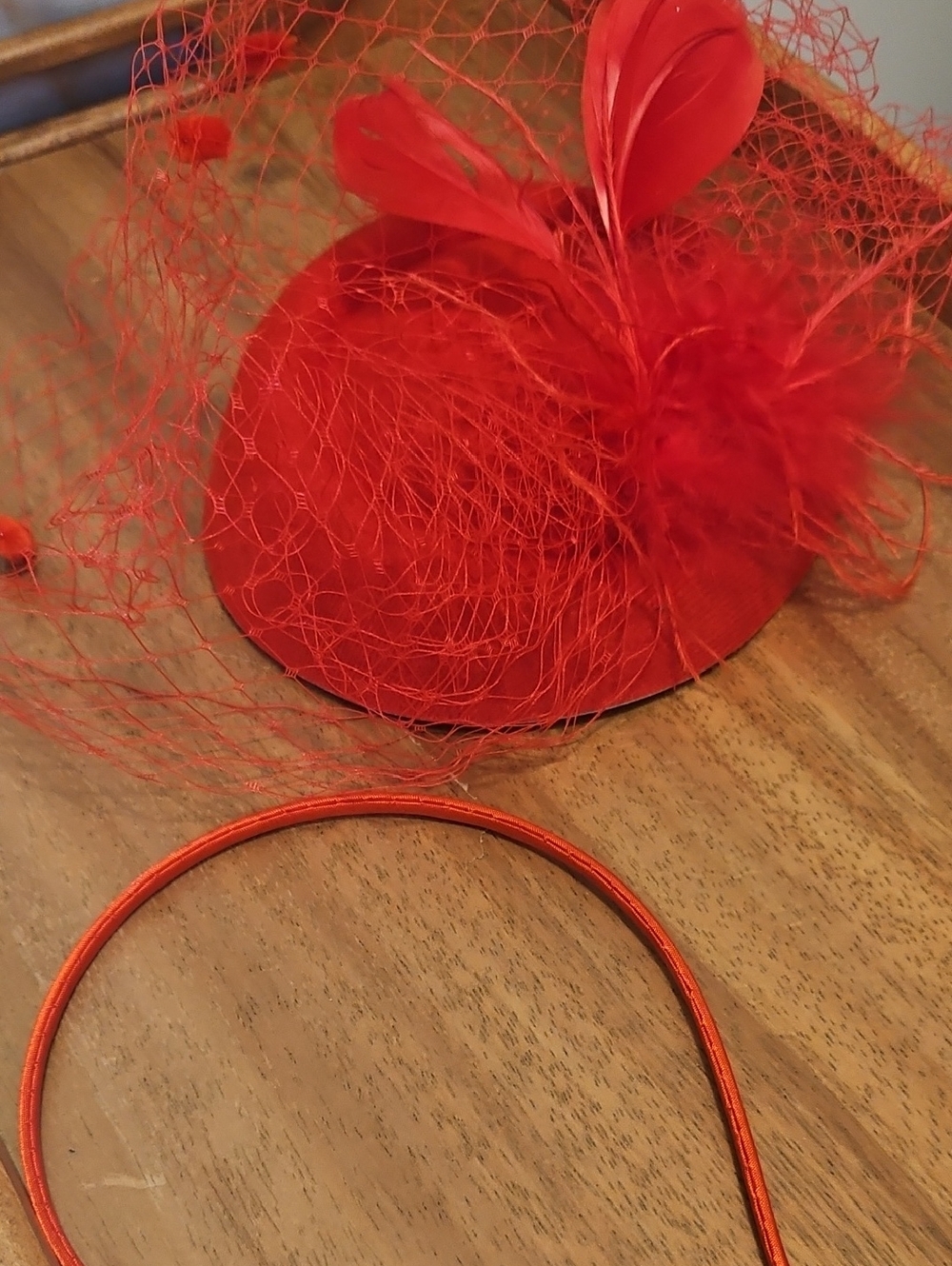 Source Unknown Red Feathered Veiled Fascinator Headband